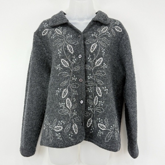 Studio Works Jacket Cardigan Women M Gray Floral VTG 100% Wool Granny Embroidery - Picture 1 of 12